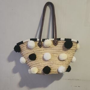 Pom-Pom Embellished Straw Tote